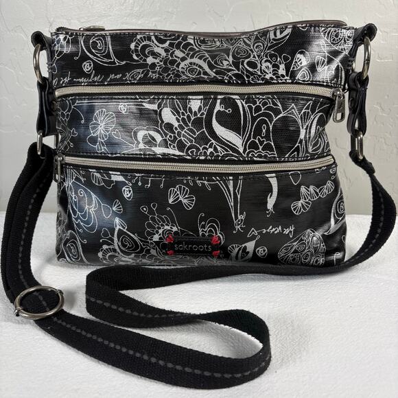 Sak Roots Handbags - Sakroots Black Silver Peace Crossbody Organizer Bag Triple Zip Adjustable Strap